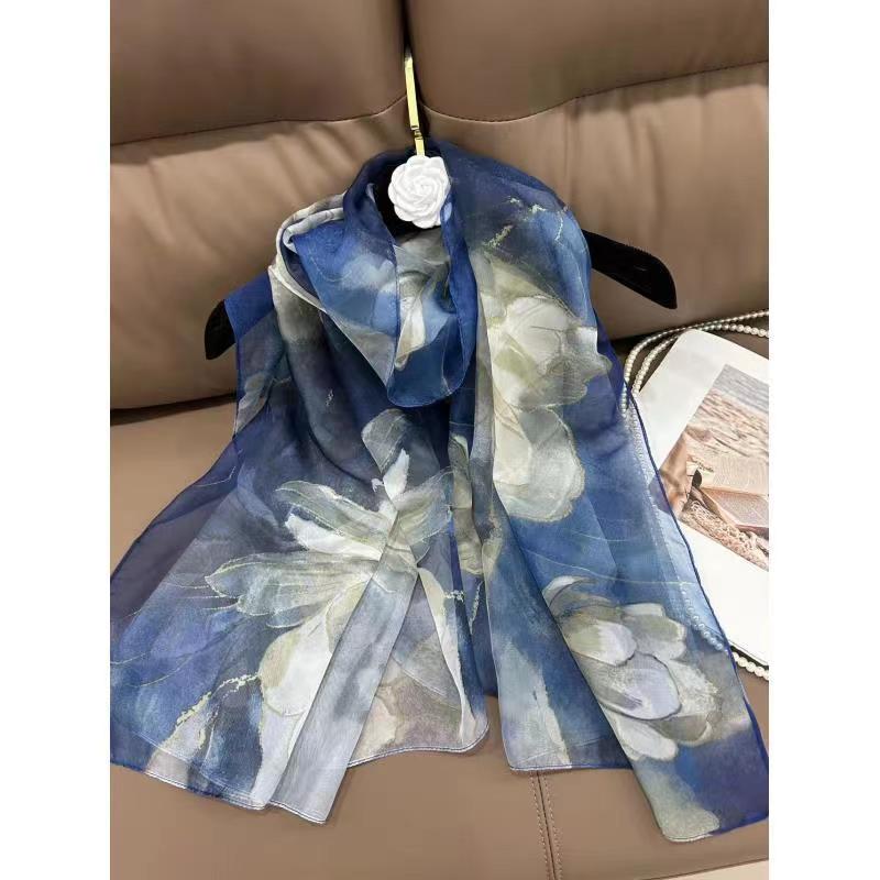Silk Scarf Folral Women Summer Hijab Luxury Print Sunscreen Shawl Wraps Bandana Ladies Head Scarves Large Foulard Echarpe