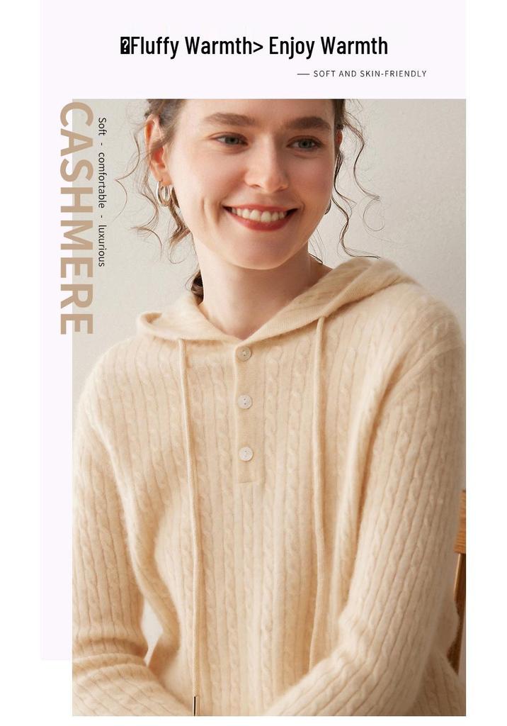 2025 Women's Thickened Cashmere Cable Knit Hoodie - Age-Reducing Loose Fit Pullover Sweatshirt
