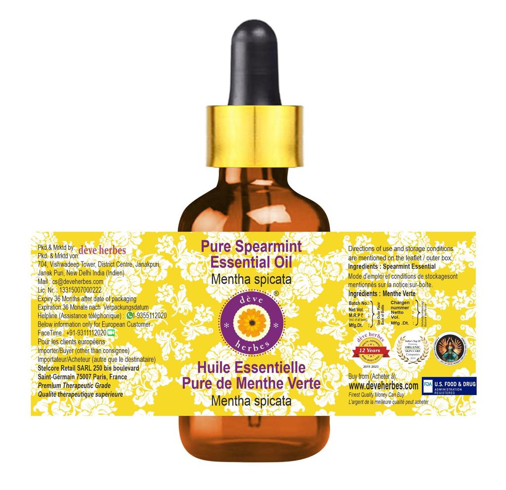 Deve Herbes Spearmint Essential Oil (Mentha spicata) with Glass Dropper Pure | Non-Sticky | Non-greasy | Lightweight | Men & Women | All Skin Typ