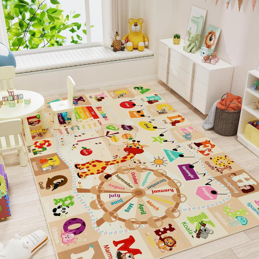 Beige Educational ABC Play Rug, Washable Non-Slip Learning Mat with Animals Shapes, Fun Playroom Carpet for Kids Toddlers