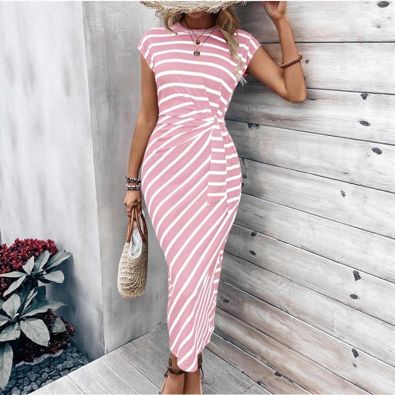 European and American women's clothing Amazon temu waist strap short-sleeved crew neck long dress