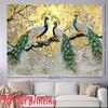 2D Art Peacock Tapestry Cloth Gold Background with Silver Leaves Home Decor