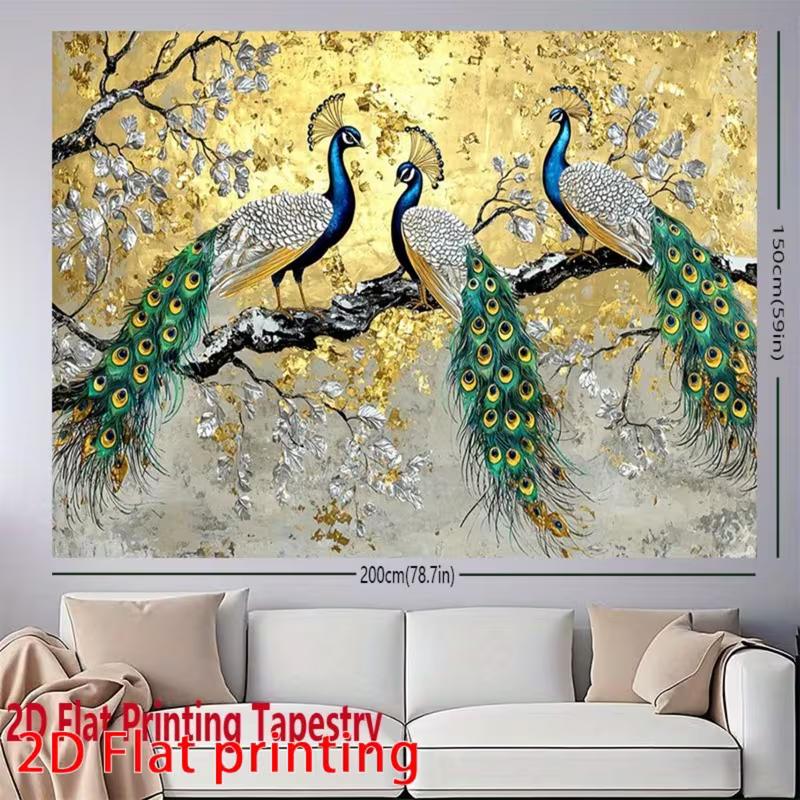 2D Art Peacock Tapestry Cloth Gold Background with Silver Leaves Home Decor
