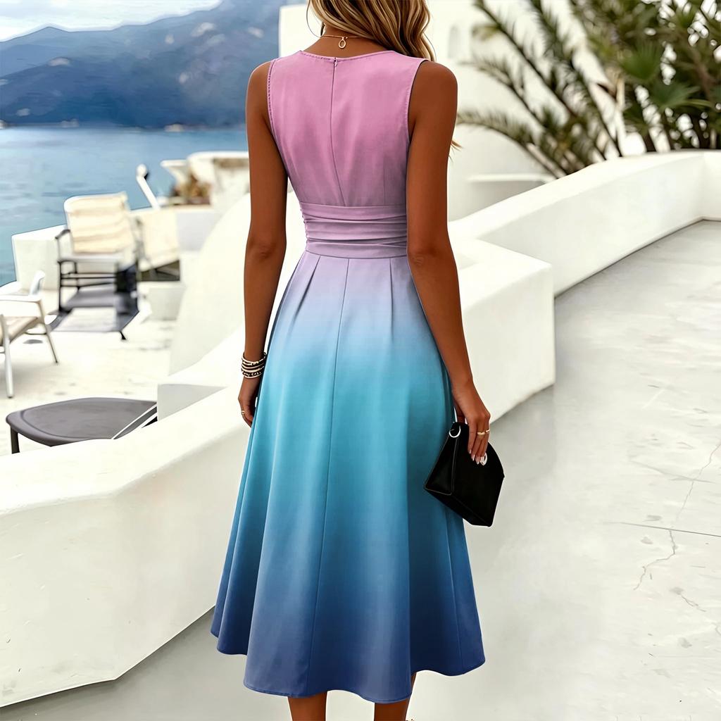 Ärmelloses Freizeitkleid für Damen Rundhalsausschnitt Mittellang Falten im Taillenbereich Bequeme Passform Sommerkleid