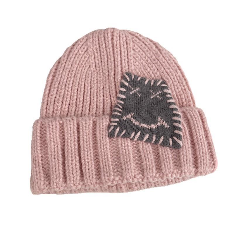 Expression Pattern Embroidery Knit Hat Women Autumn Winter Warm Thick Earmuff For Casual Outdoor Use