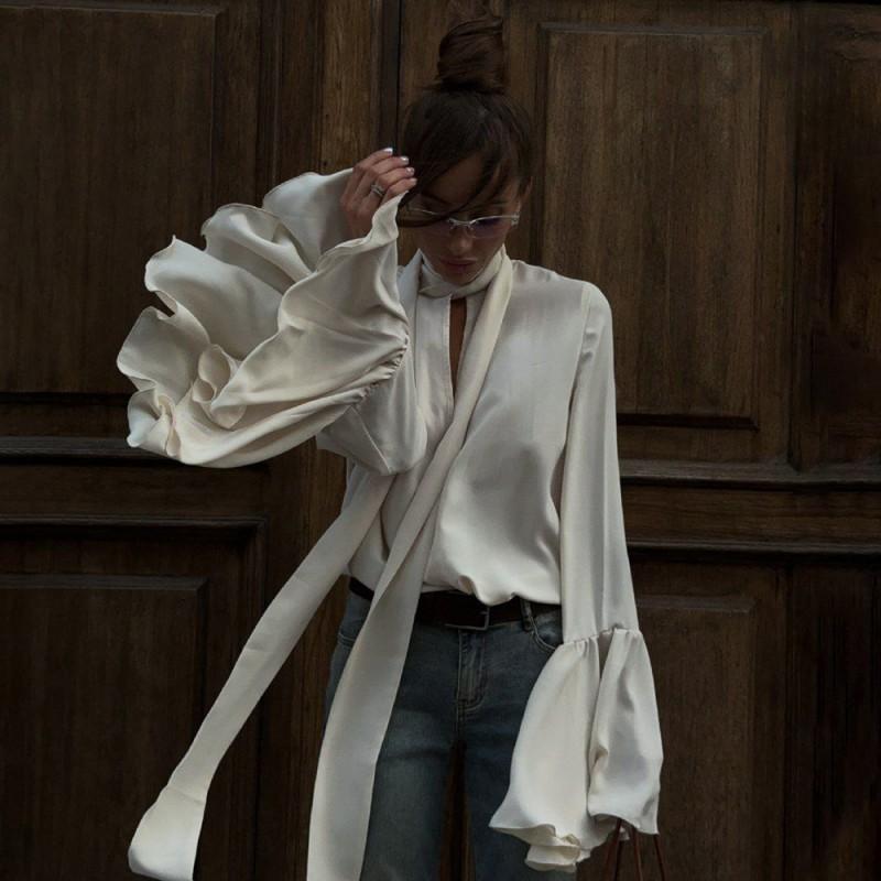Womens Elegant V-Neck Blouse With Ruffle