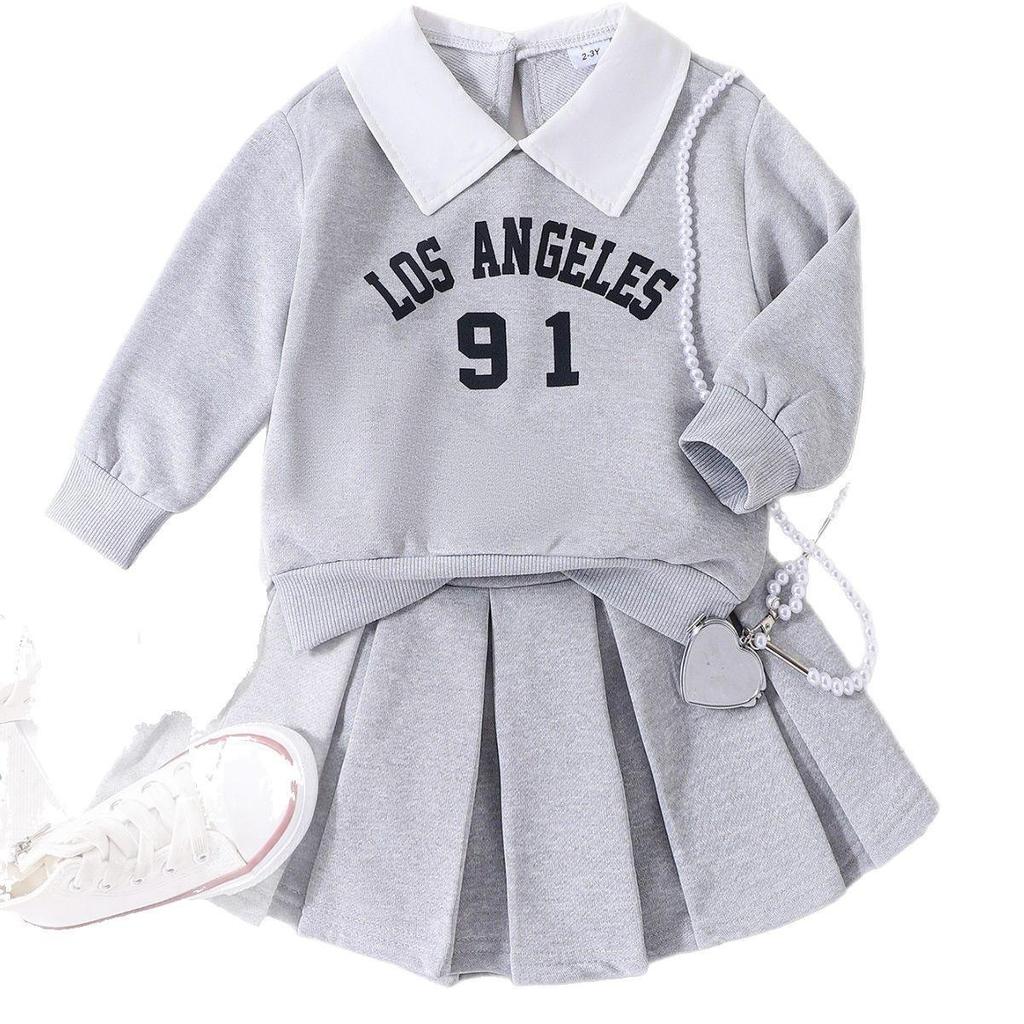 Girls' Sets Spring/Summer Children's Alphanumeric Printed Long-sleeved Sweatshirt + Pleated Skirt