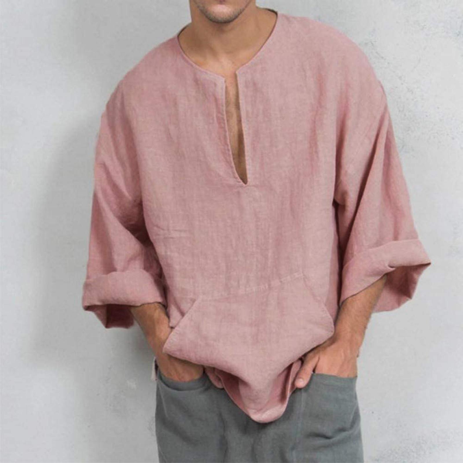 

Men s Linen Long-sleeved Casual Shirt Collarless Standing Collar Summer Top XXL рожевий