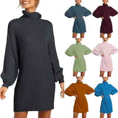 Fashion Women's Solid Color Fall/winter High Neck Long Sleeve Mid-Length Knit Sweater Dress