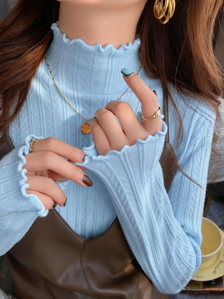 Women's White Half-High Neck Ruffle Trim Knit Sweater - Autumn/Winter 2025 Collection