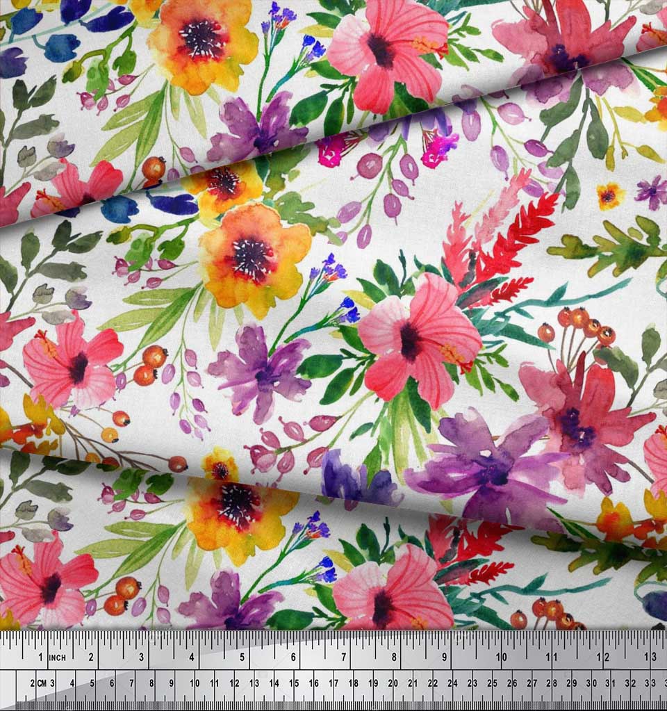Soimoi Japan Crepe Satin Fabric Flower & Leaves Watercolor Decor Fabric Printed metre 42 Inch