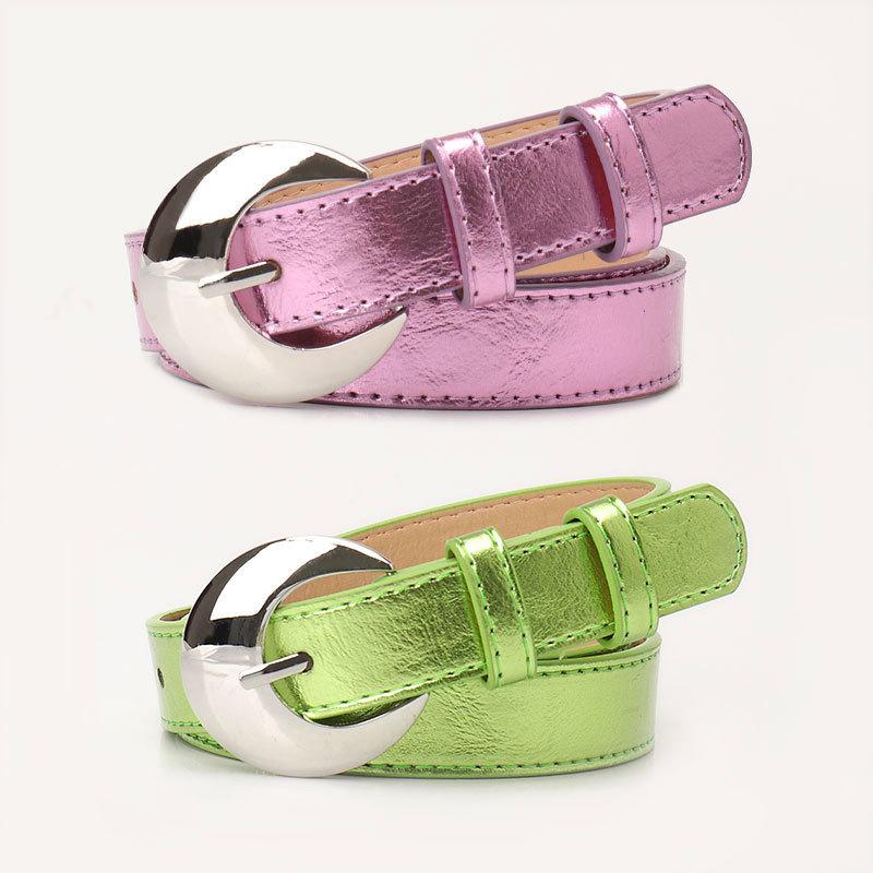 Metallic Color Belts 105cm Colorful PU Moon Buckle Trendy Jeans Belts Ladies Belt Shiny Alloy Buckle Belt Jeans Decorative Belt