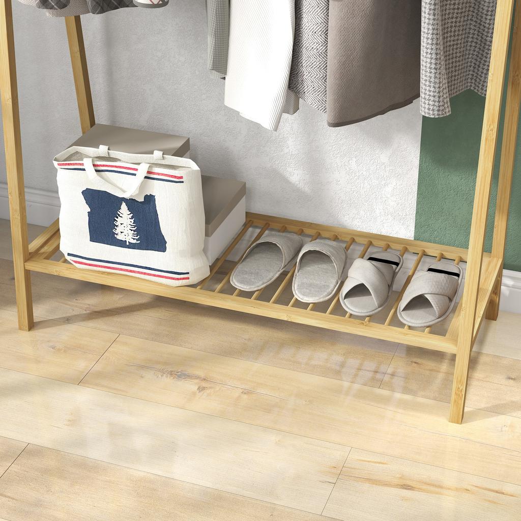Bamboo Clothes Rack Wooden Coat Hanger With Shoe Shelf Dim 110L X 42W X 152H Cm
