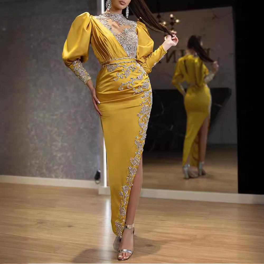 

Женщины Свадебные невесты подружки невесты элегантные длинные рукава круглый вырез блестки макси длинное платье вечернее бальное платье S жёлтый