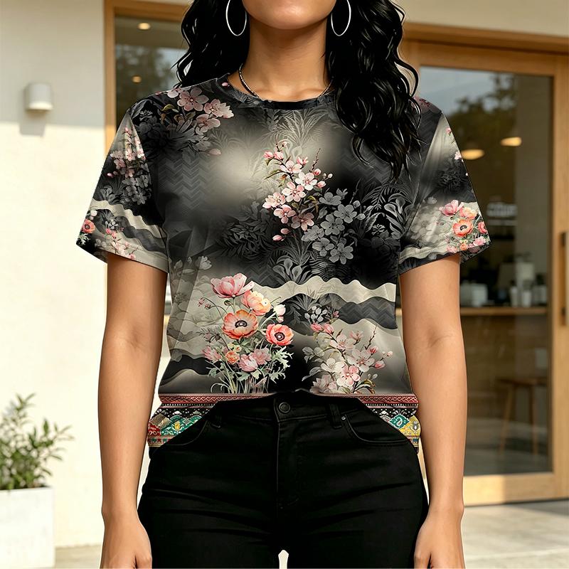 Women's Minimalist Floral Short Sleeve Top Basic & Versatile,Comfy Fabric,Ideal for Daily Wear & Shopping,Trendy Casual Top