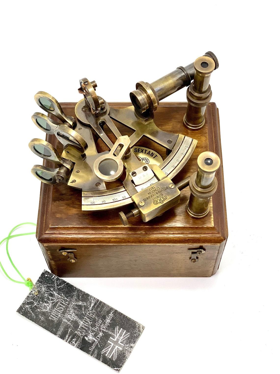 

Antique Maritime Sextant Nautical Double Telescope Vintage Marine Astrolabe Ship s Instruments with Wooden Box Brass Ship Vintage Sextant