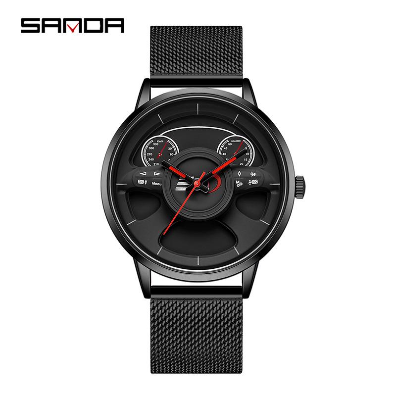 Sanda Waterproof Leather Strap Quartz Watch with Steel Band - Men s Fashionable Steering Wheel Design
