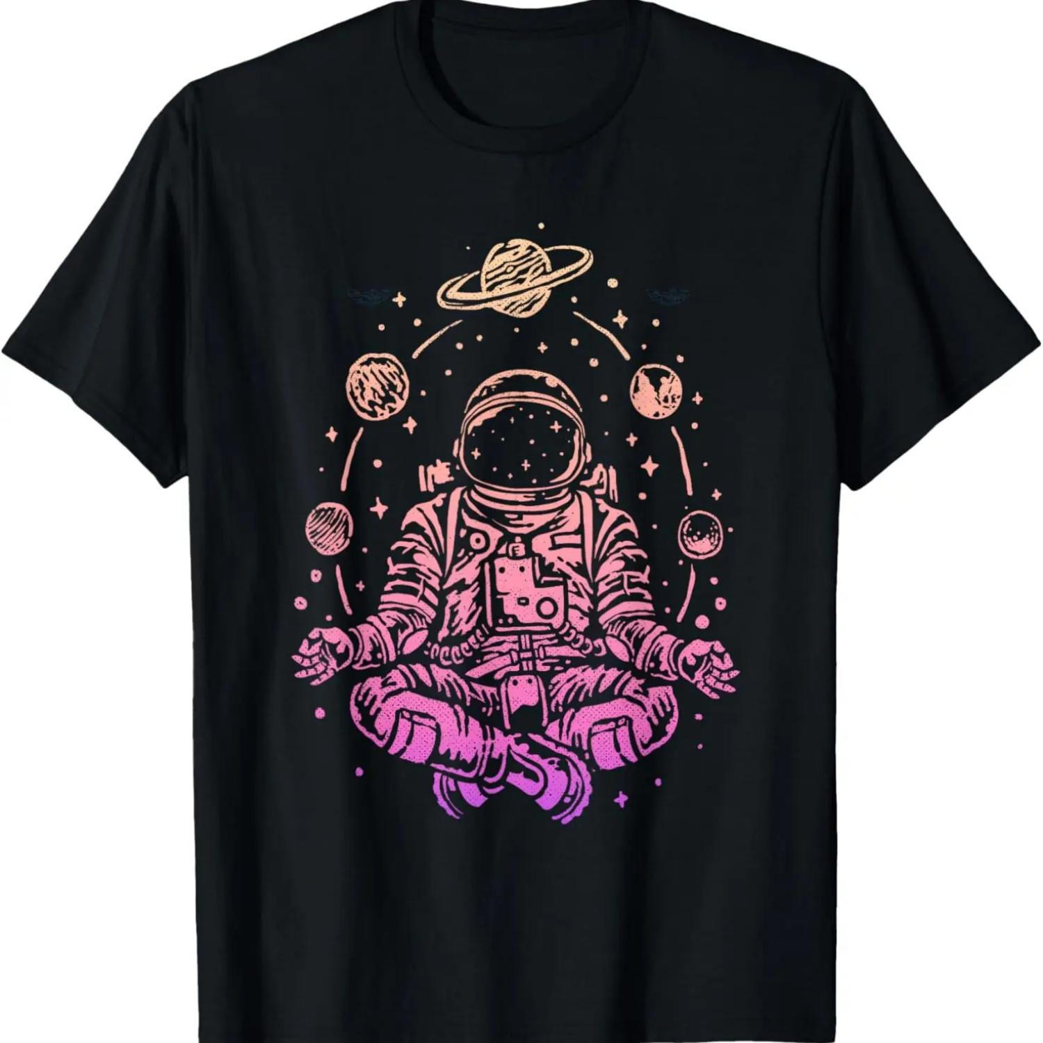 Meditating Astronaut Planets Colorful Lotus Women Meditation T-Shirt S чёрный
