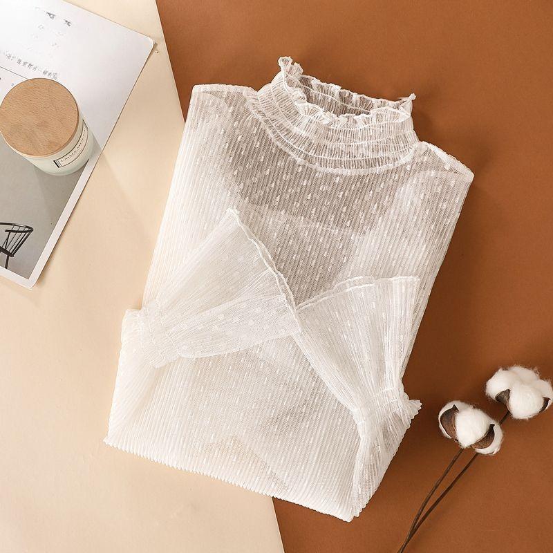 Women T-Shirt See Through Transparent Mesh Tops Long Sleeve Sheer Slim Ladies Turtleneck Silk Ruffled Edge T Shirt Lace Crop Top