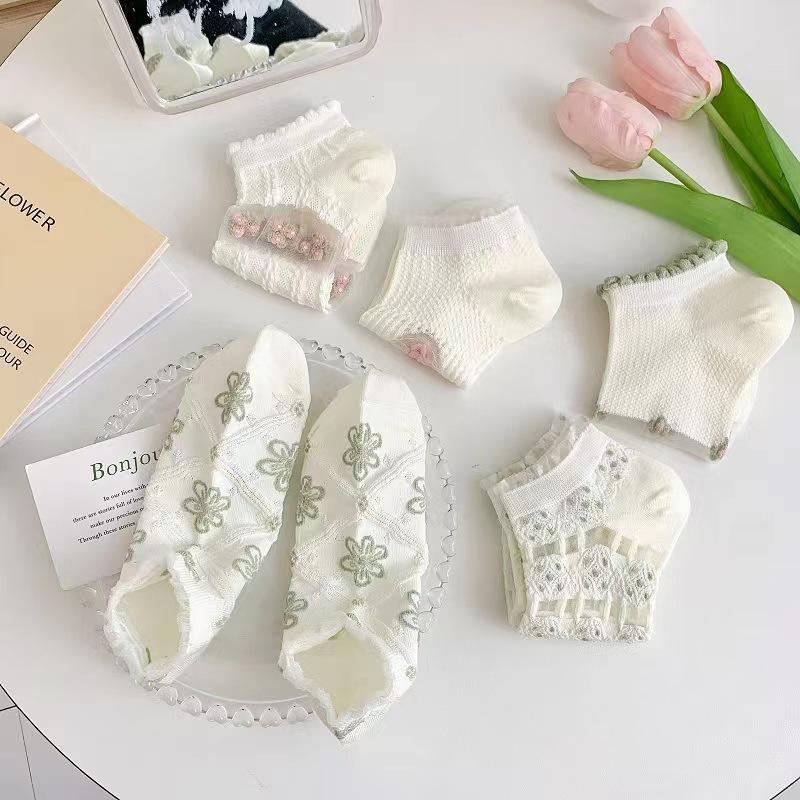 5/10 Pairs Women Floral Edge Breathable Short Socks Spring Summer Thin Mesh Breathable Fashion Sweet Floral Pattern Casual Socks