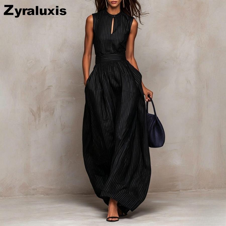 Wind New Dark Blue Striped Sleeveless Waist Wide Leg Jumpsuit Women Long Style Elegant Fashion S чёрный
