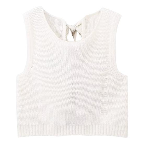 Women Knitted Vest Round Neck Sleeveless Crop Tank Bow Tie Decor Hollow