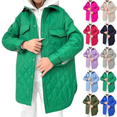 Women's Long Sleeve Rhombus Solid Color Thickened Button Cotton Outerwear Coat  Jacket