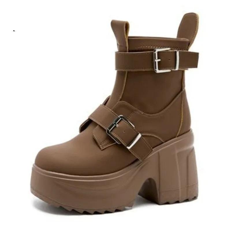 Fashion 10cm Synthetic Leather Motorcycle Boots for Women Winter Autumn High Thick Heels Platform Chunky Short Booties Shoes