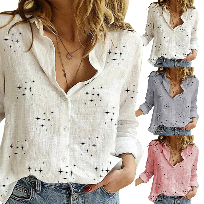 1pc Cotton Linen Casual Lapel Blouses Shirts Elegant Long Sleeve Plus Size Loose Tops Stars Printed Women Shirts Solid Button
