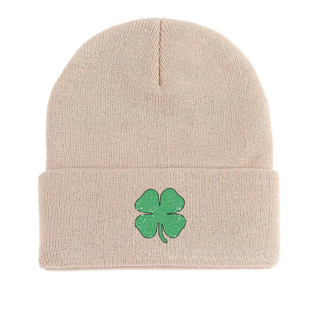 Green Four Leaf Shamrock Warm Knit Cap Beanie, St. Patrick's Day Man Cap Autumn Winter Casual Pompom Beanies Knitted Hat Beanie