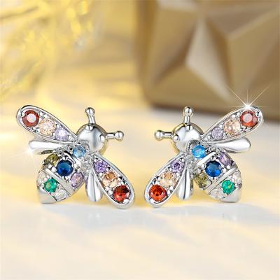 Pendientes de Stud de Abeja Pequeña Animales de Circonita de Cristal Arcoíris para Mujer Color Plata Vintage Pendiente de Boda Regalo de Joyería de San Valentín