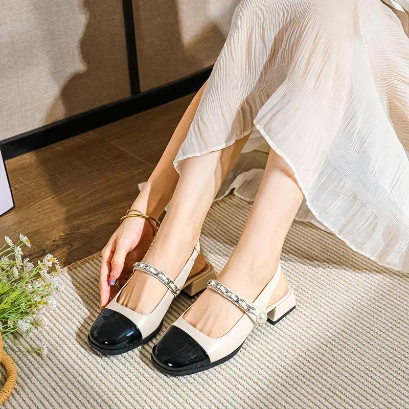 Fashion 2025 New Single Women's High Heels Round Head Vintage Mary Jane Chunky Heel Hepburn Pearl Shoes