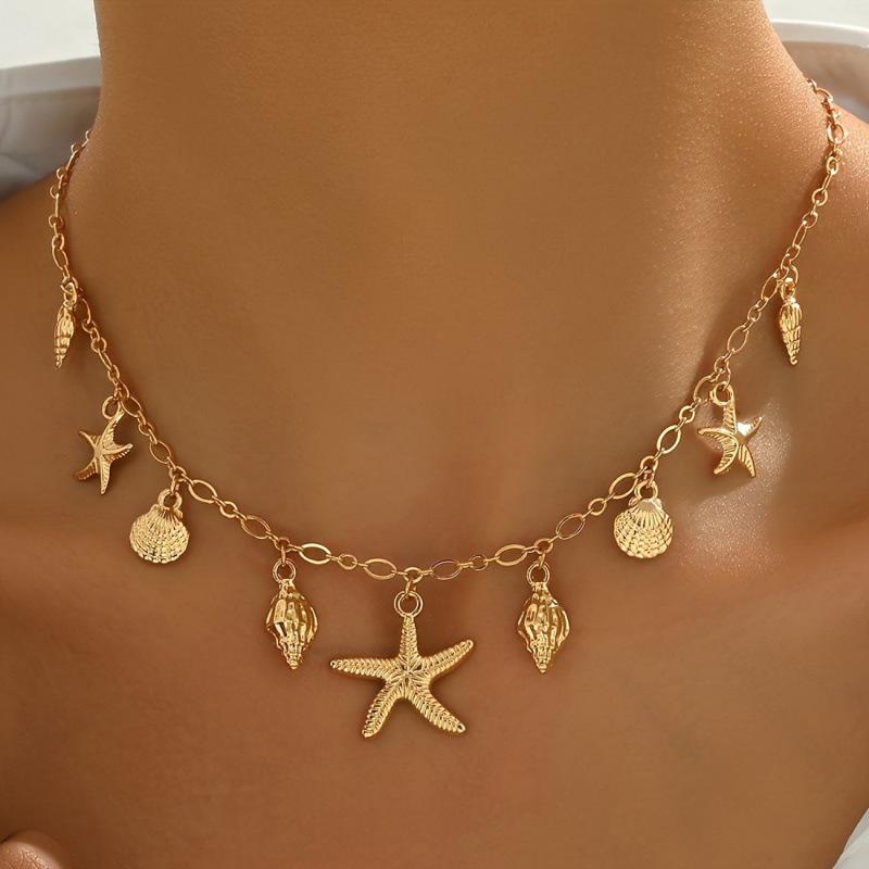 Ocean Style Starfish & Seashell Pendant Women s Adjustable Necklace золотой