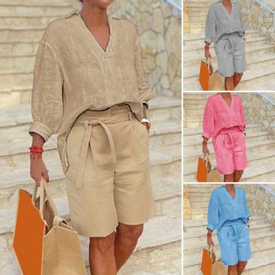 2 Pcs/Set Women Shirt Shorts Set Solid Color Three Quarter Sleeves V Neck Blouse High Waist Loose Knee Length Pants Set Casual Outfit