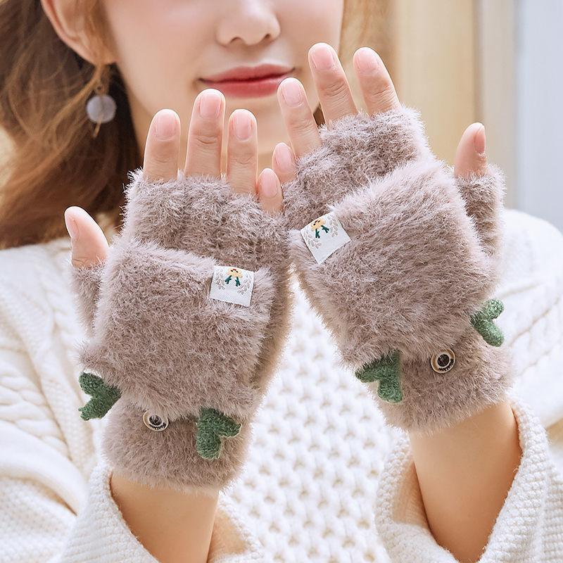 

Перчатки с рогами женские зимние студенческие откидные с половиной пальца милые модные мультяшные теплые плюшевые для письма плюшевые рождественские
