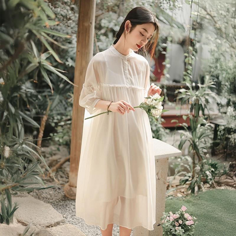 Johnature Women High Waist Casual Dresses Stand Nine Sleeve Solid Color Soft Cloth Summer Loose A-Line Dress