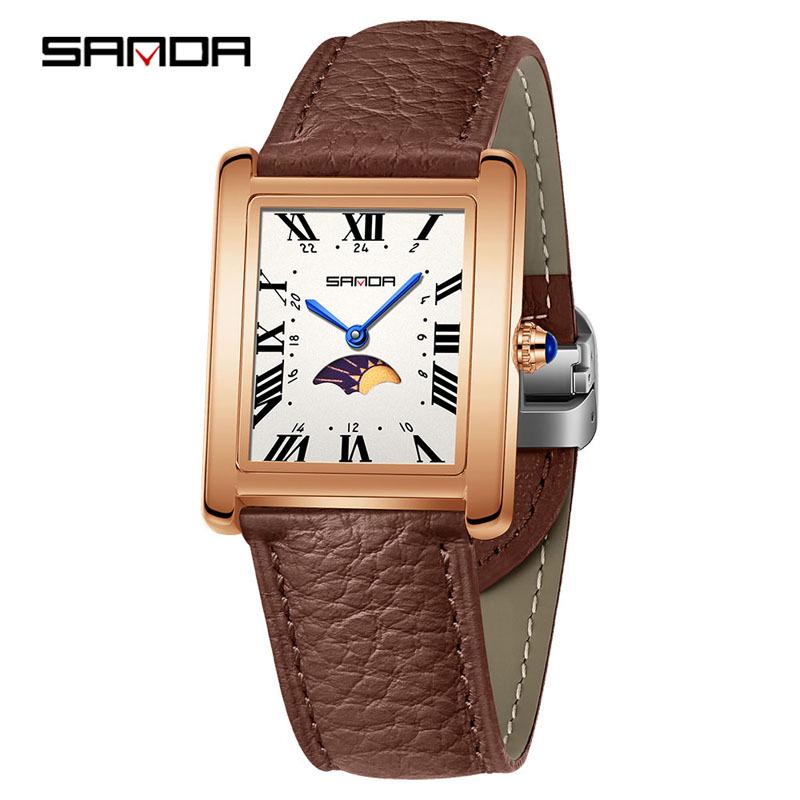Sanda Elegant Ladies' Square Alloy Waterproof Quartz Watch with Roman Numerals and Moon Phase.