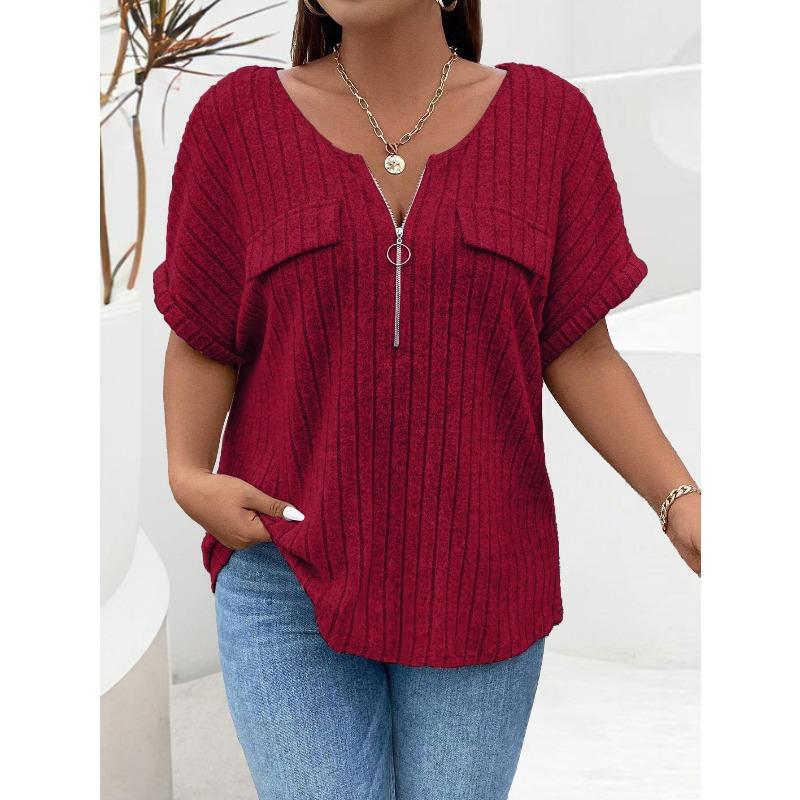 QICED Women's Fashion Casual Solid Color Print Short Sleeve V Neck Blouses & Shirts