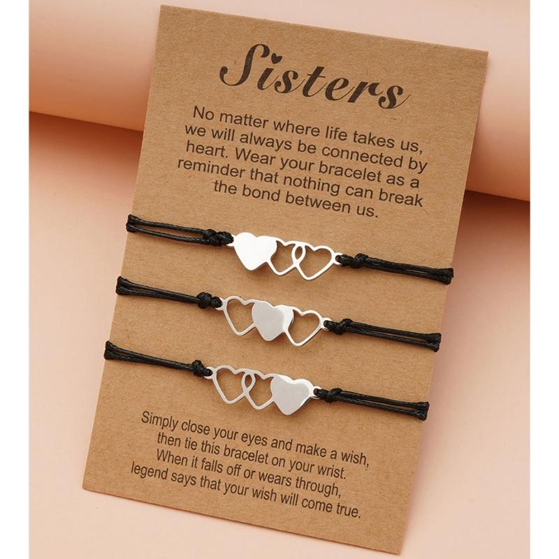 3 Pcs Three Sisters Stainless Steel Heart Bracelet Handmade Matching Heart Distance Heart-to-Heart Sister Card Bracelets