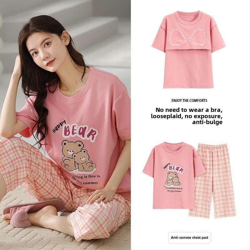 

Хлопковая пижама с нагрудными вкладышами, женские брюки с коротким рукавом, большие размеры, студенческая домашняя одежда, комплект из 2 предметов, женская одежда для сна, домашняя одежда M