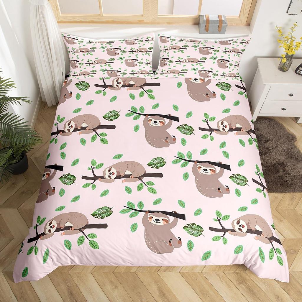 Sloth Bedding Set Kawaii Animals Comforter Cover For Boys Girls Teens,Botancial Flowers Duvet Cover Cartoon Wildlife Quilt Cover