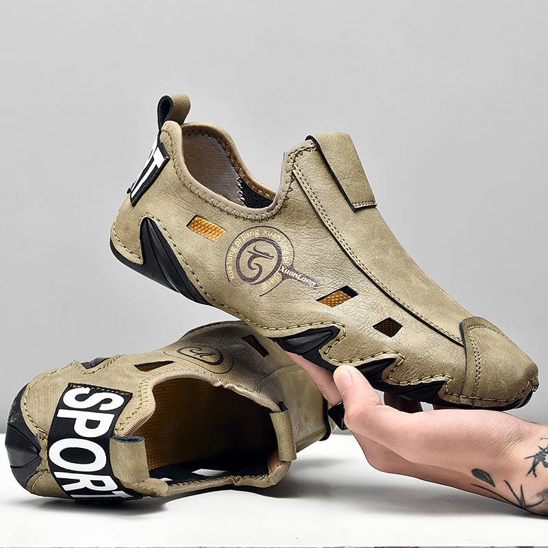 

2024 new popular men s sports shoes large size soft sole lazy hollow leather shoes Korean version Doudou shoes versatile 48 хакі