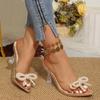 New Pointed Toe Shallow Mouth Rhinestone Sheer Heels Summer Bow Fairy Fish Mouth Sandals
