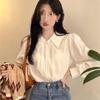 Chic Women's White Shirt with Ruffled Doll Collar and Accordion Pleats, Long Sleeve, Perfect for Autumn and Winter.