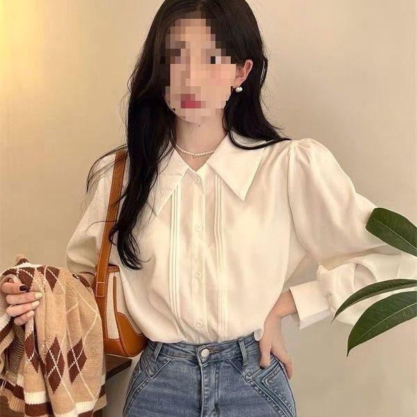Chic Women's White Shirt with Ruffled Doll Collar and Accordion Pleats, Long Sleeve, Perfect for Autumn and Winter.