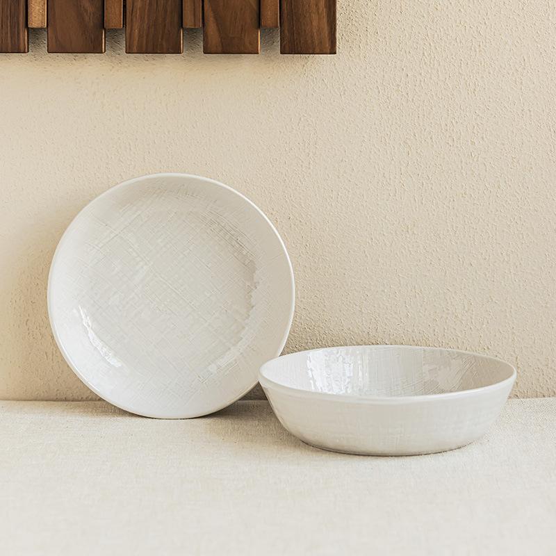 Simple Cloth Pattern Solid Color Tableware Household Ceramic Dishes Bowl Noodle Bowl Restaurant Large Bowl Deep Bowl Round Large Soup Bowl