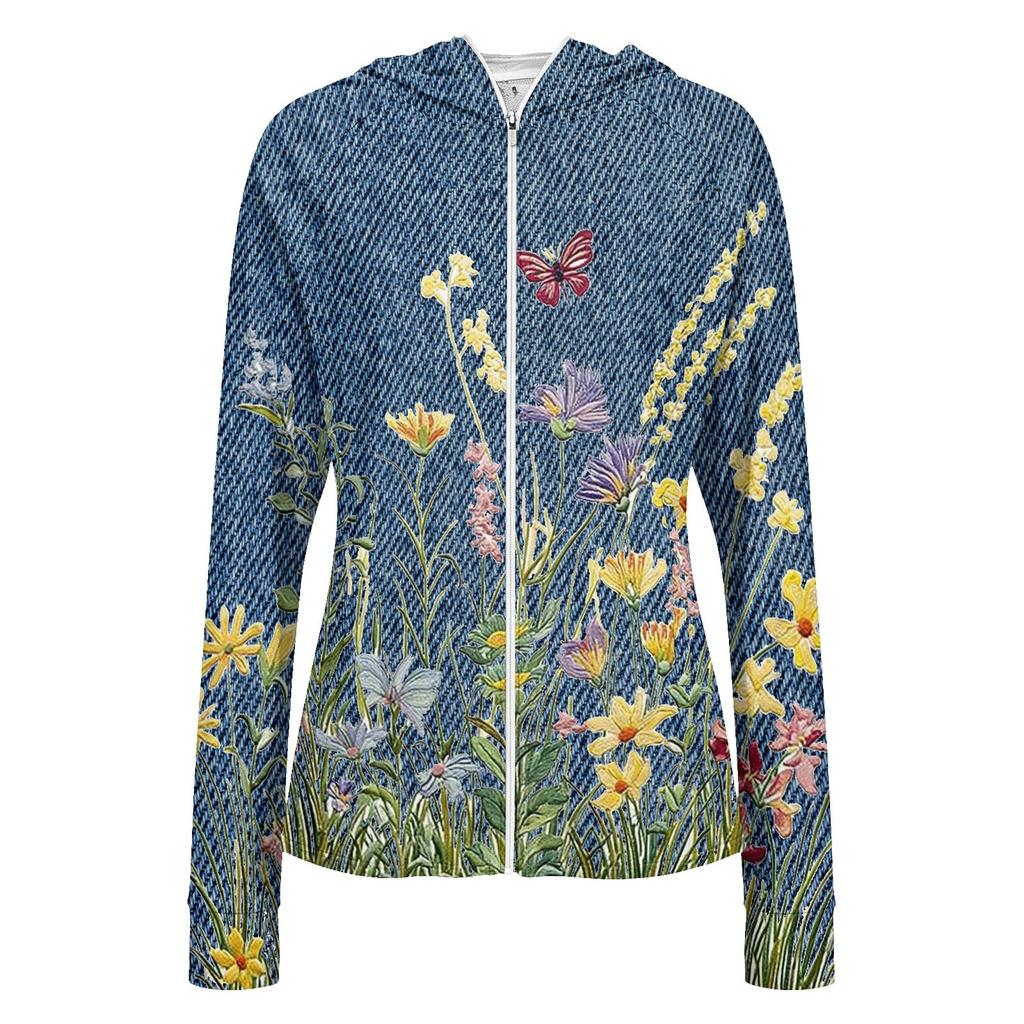 Women's Lightweight Zip Up Hoodie with Hood and Pockets Floral Print Long Sleeve Sun Protection Jacket Suitable for Outdoor Activities