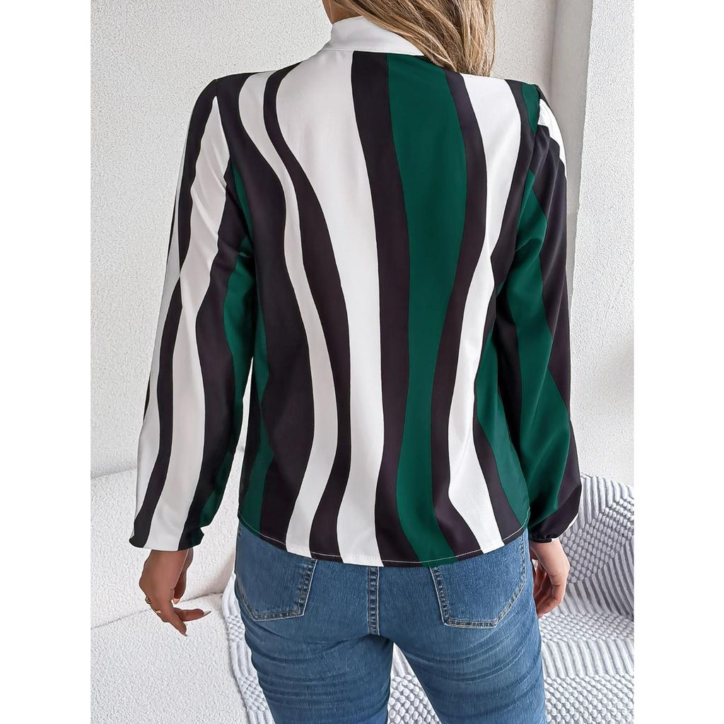 GMXIA Spring and Summer Stylish Contrasting Color Striped Tie Lantern Sleeve Chiffon Blouse for Women