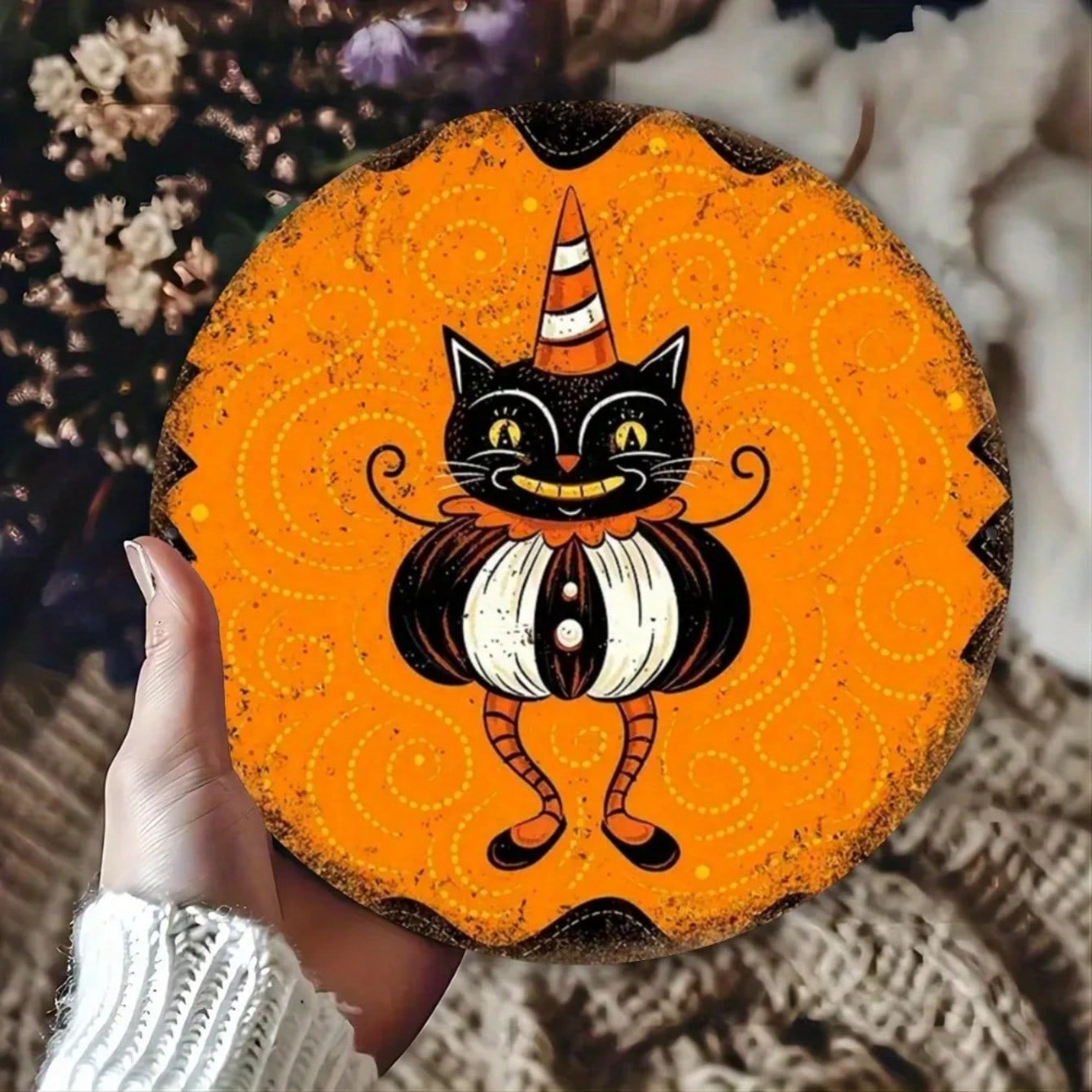 Vintage Black Cat Halloween Metal Wall Art Round Iron Sign Orange Black Home Decor 20x20