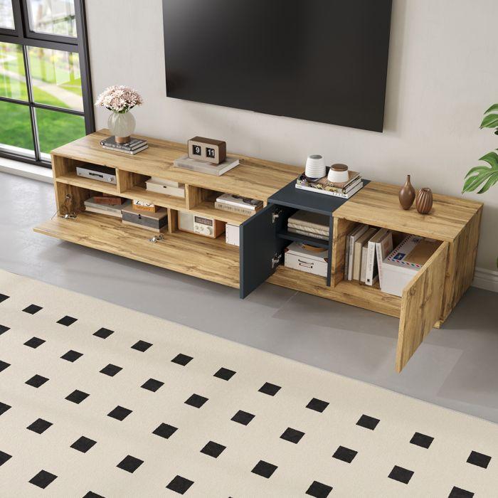 Meuble TV En Bois - LEMONBEST - Meuble TV Moderne Bicolore - 200×45×45 Cm - Bicolore Gris-noir/bois - 3 Compartiments Et Portes